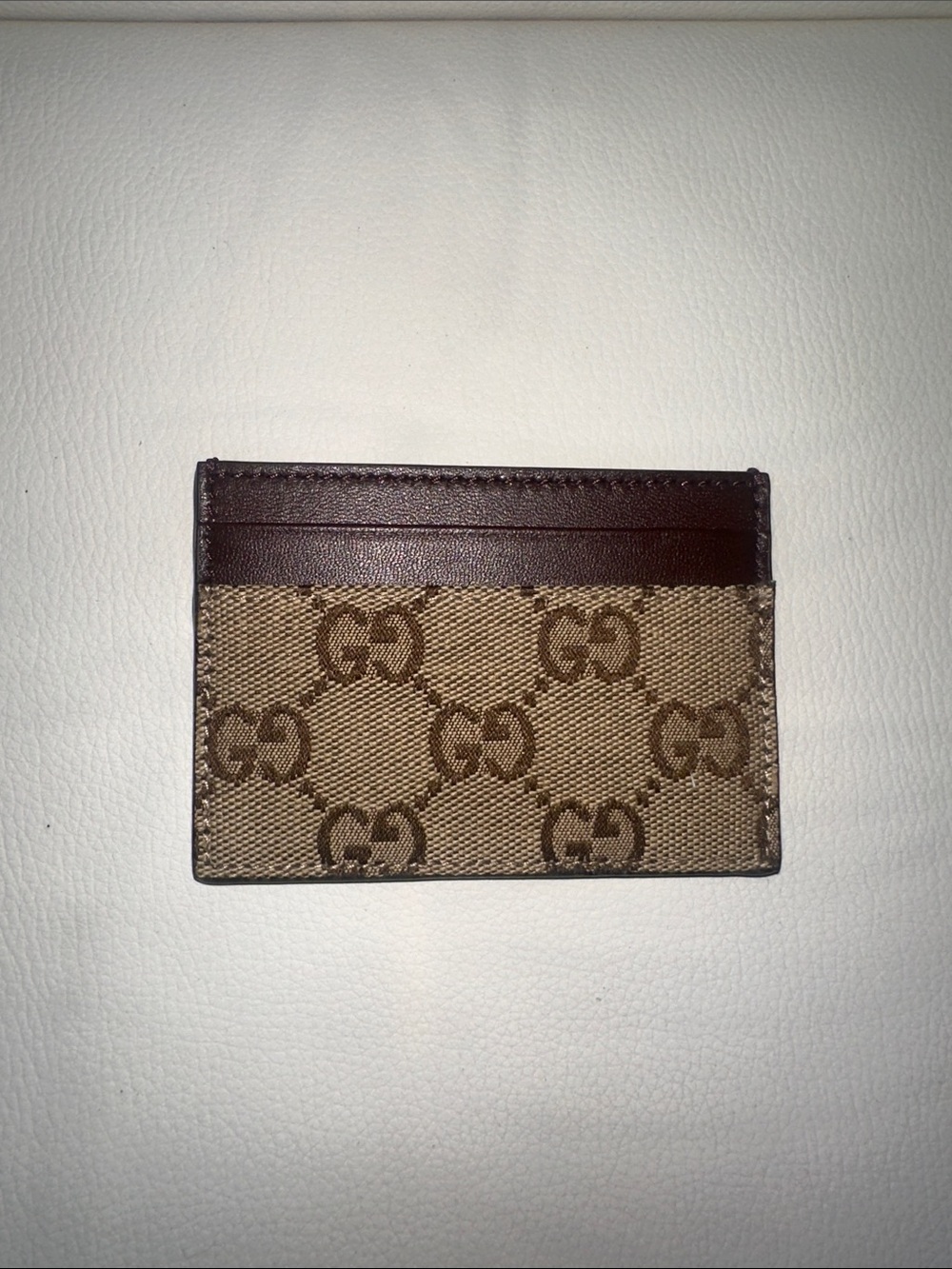 Authentic Gucci Beige GG Canvas Card Holder with Dark Brown Leather Trim